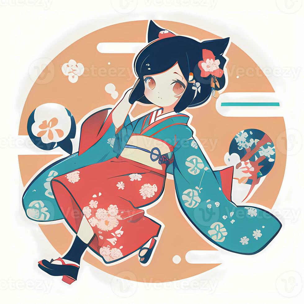 Cute Kawaii Chibi Anime Girl Sticker Cute Japanese Yukata ...