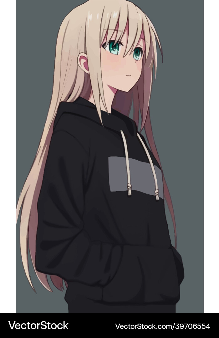 Cute anime girl in black hoodie and green eyes Vector Image