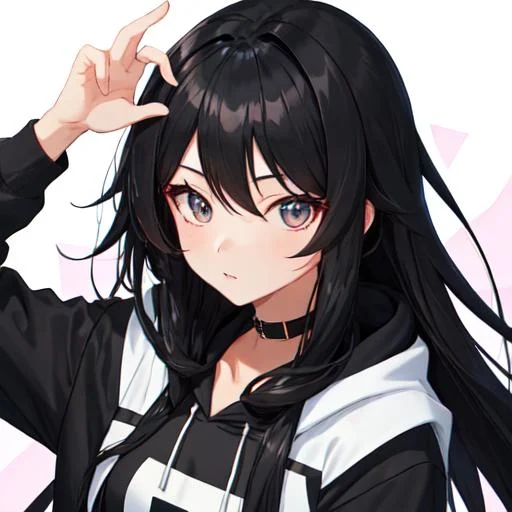 Black long hair anime high school cool girl with bla...