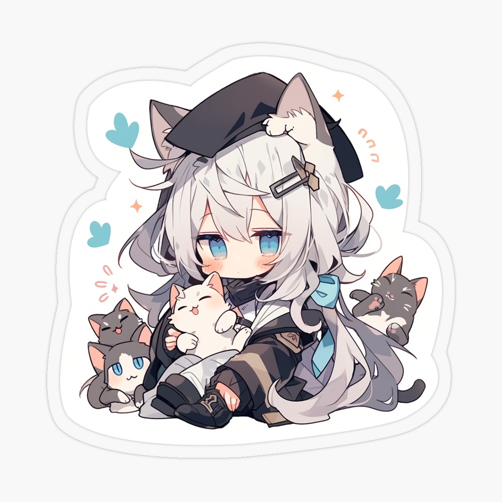 Cute Chibi Anime Cat Girl With Cats | Magnet