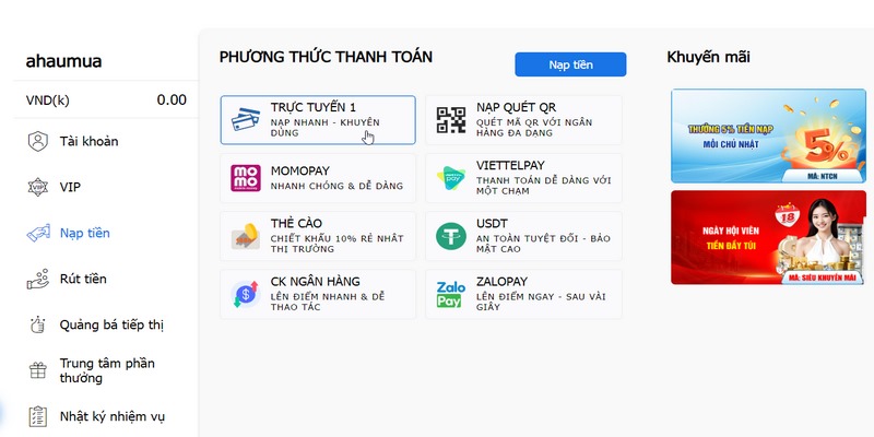 Điền thông tin nạp tiền 78WIN